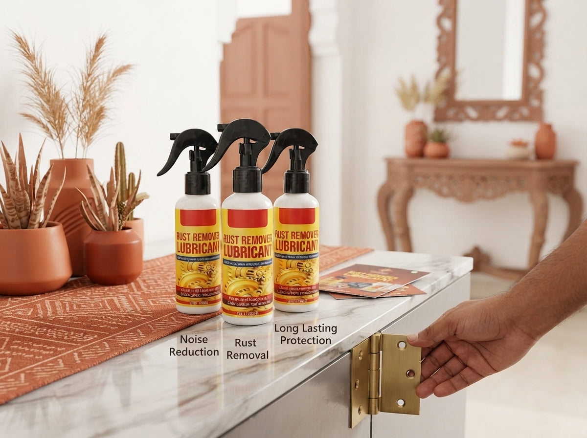 A hand effortlessly turning a restored metal hinge next to three cans of rust remover lubricant spray on a stone surface.
